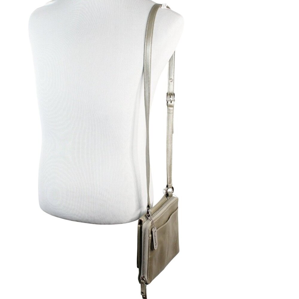Tignanello Metallic Pebble Leather Snap Zippered Pockets Crossbody Purse Bag - Picture 3 of 11
